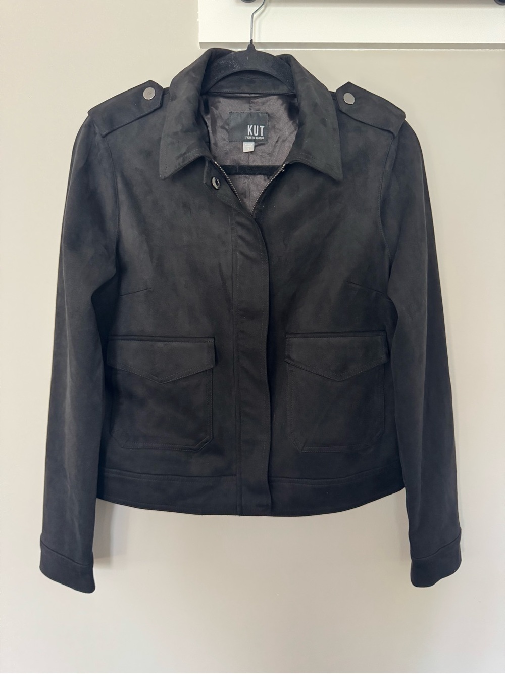 KUT from the Kloth Alena Faux Suede Hidden Zip Trucker Jacket Small Black